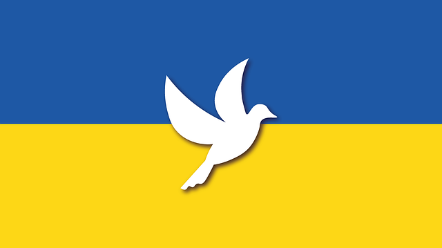 Flagge der Ukraine mit einer weißen Taube